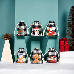 6pcs Christmas Plaid Gift Bags Mini Drawstring Christmas Gift Bags