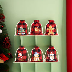 6pcs Christmas Plaid Gift Bags Mini Drawstring Christmas Gift Bags