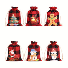 6pcs Christmas Plaid Gift Bags Mini Drawstring Christmas Gift Bags