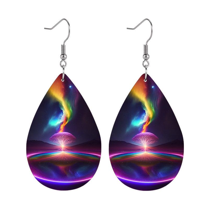 Colorful Aurora Tree Landscape Leather Earrings Lightweight Faux Leather Jewelry