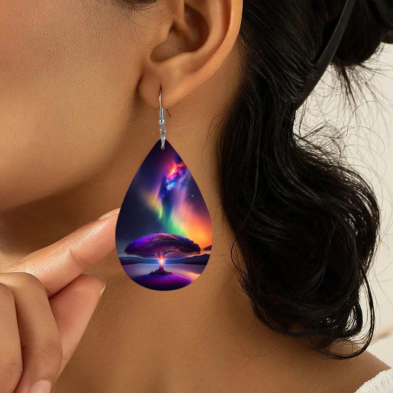 Colorful Aurora Tree Landscape Leather Earrings Lightweight Faux Leather Jewelry