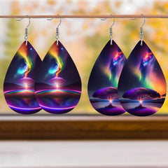Colorful Aurora Tree Landscape Leather Earrings Lightweight Faux Leather Jewelry