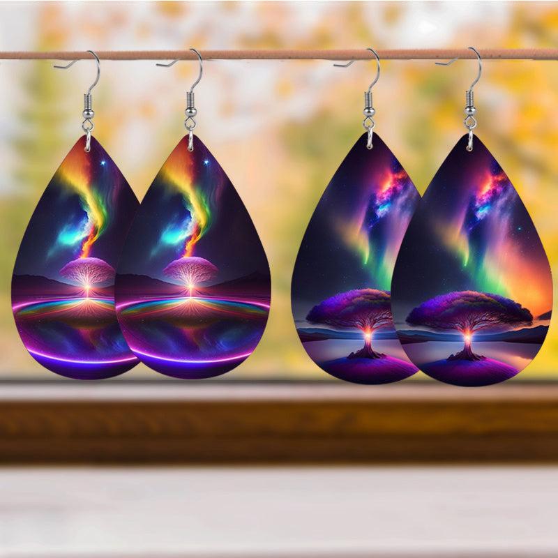 Colorful Aurora Tree Landscape Leather Earrings Lightweight Faux Leather Jewelry