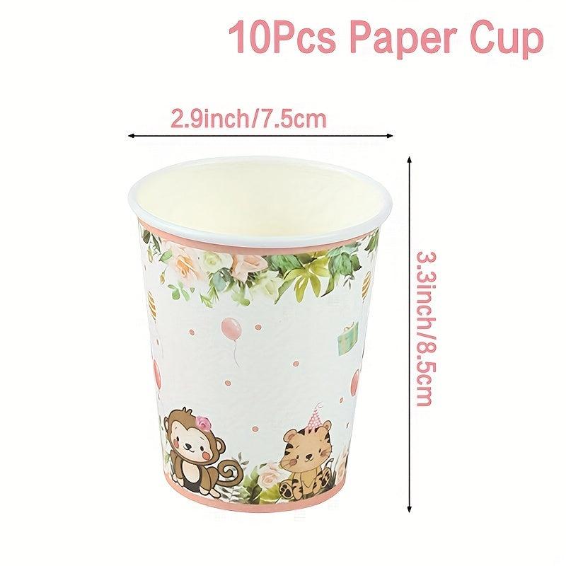 Pink Jungle Animals Disposable Tableware Set for Birthday Party