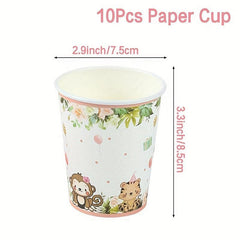 Pink Jungle Animals Disposable Tableware Set for Birthday Party