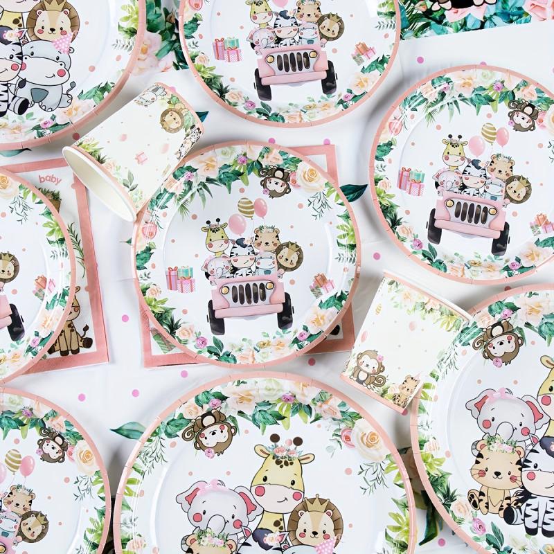 Pink Jungle Animals Disposable Tableware Set for Birthday Party