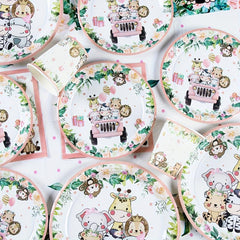 Pink Jungle Animals Disposable Tableware Set for Birthday Party