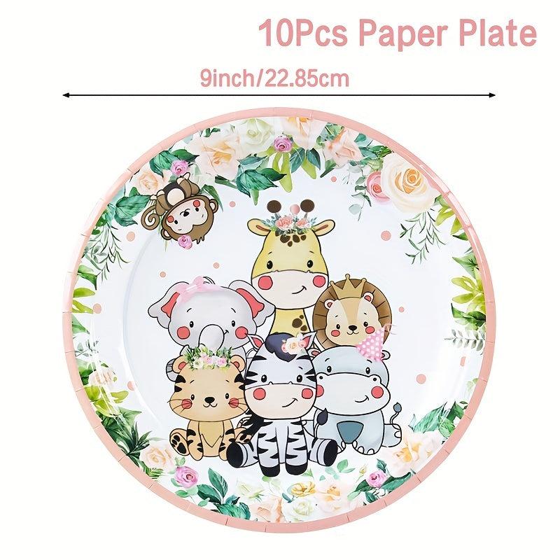Pink Jungle Animals Disposable Tableware Set for Birthday Party