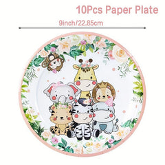 Pink Jungle Animals Disposable Tableware Set for Birthday Party