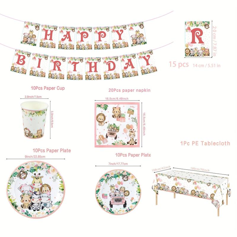Pink Jungle Animals Disposable Tableware Set for Birthday Party