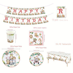 Pink Jungle Animals Disposable Tableware Set for Birthday Party