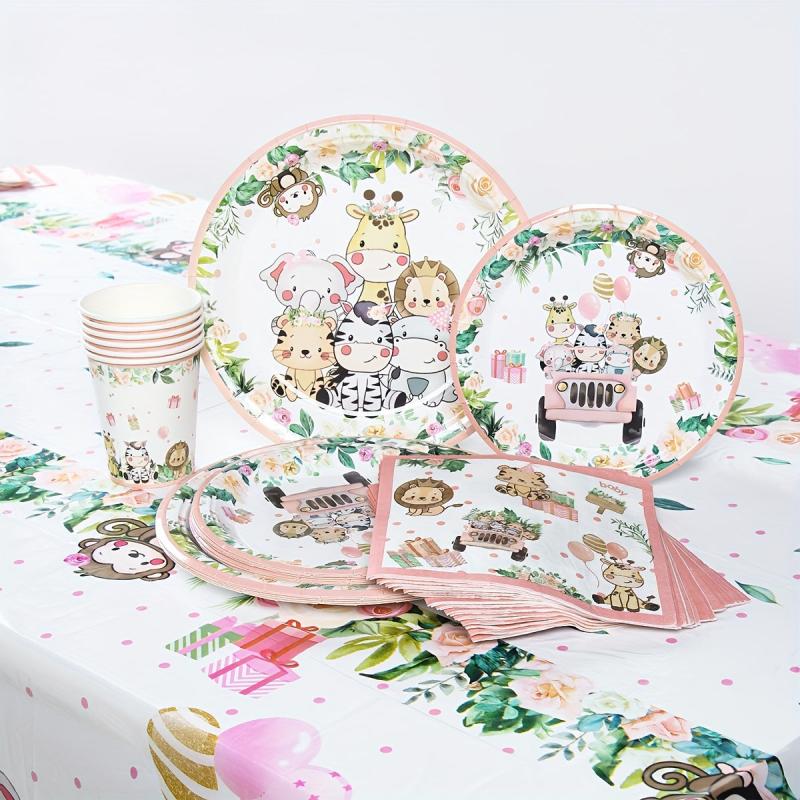 Pink Jungle Animals Disposable Tableware Set for Birthday Party