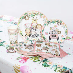 Pink Jungle Animals Disposable Tableware Set for Birthday Party