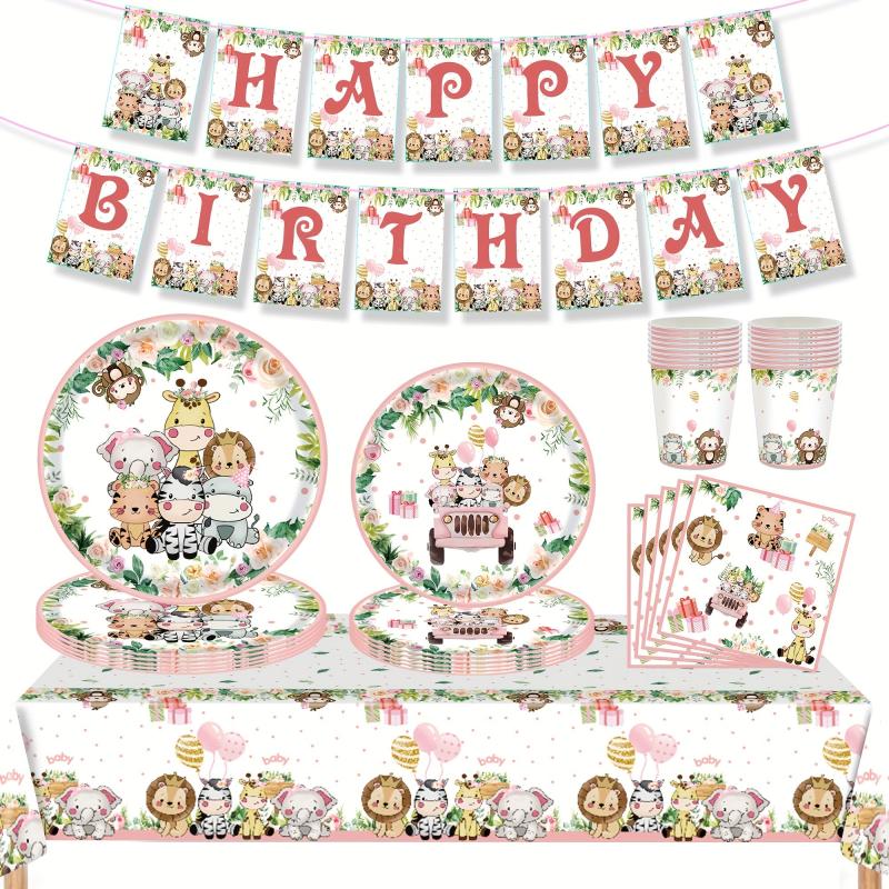 Pink Jungle Animals Disposable Tableware Set for Birthday Party