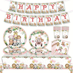 Pink Jungle Animals Disposable Tableware Set for Birthday Party