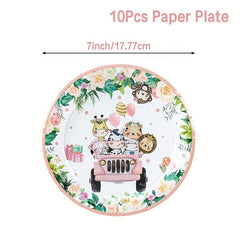Pink Jungle Animals Disposable Tableware Set for Birthday Party
