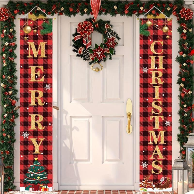 Red Plaid Merry Christmas Front Door Banner 11.8x70.8in