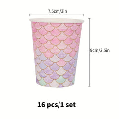 16pcs Mermaid Cartoon Birthday Paper Cup Tableware Party Supplies