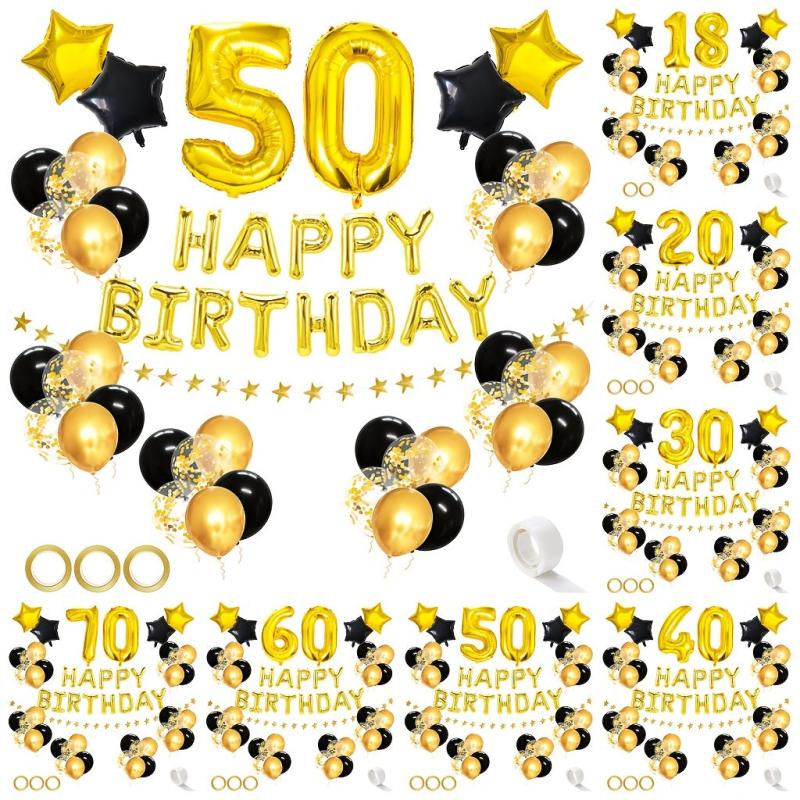 60pcs Golden Mixed Happy Birthday Party Decorations Set 18th-80th Man Woman
