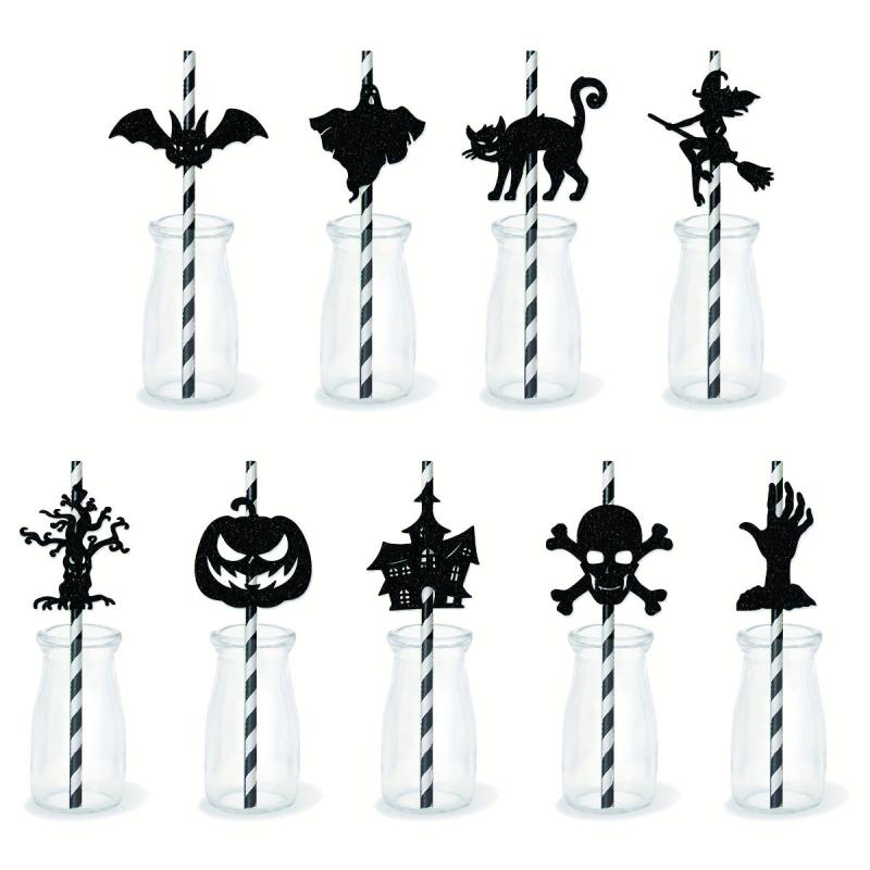 9pcs Halloween Party Decorative Straw Inserts Ghost Skeleton Bat Straw