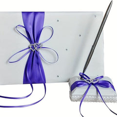 Heart Shaped Guest Book & Pen Holder Set - Rhinestone Decor, Sapphire Purple