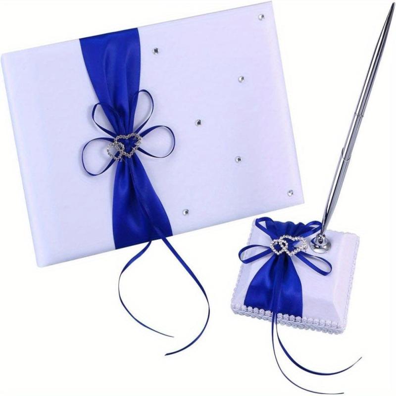 Heart Shaped Guest Book & Pen Holder Set - Rhinestone Decor, Sapphire Purple