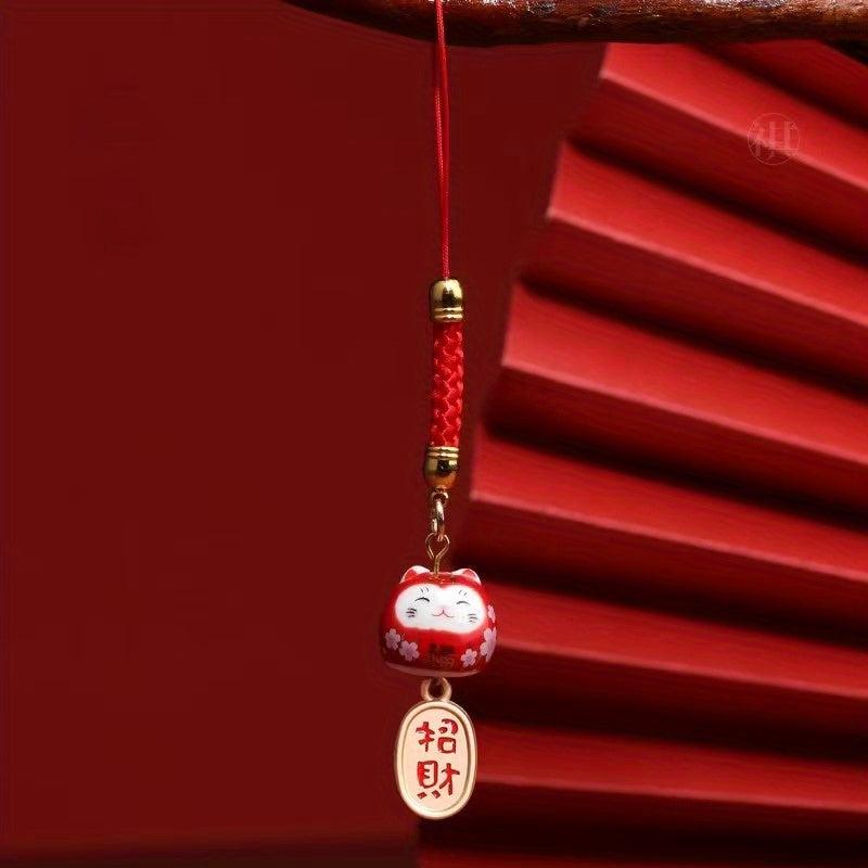 Ceramic Lucky Cat Mobile Pendant Red DIY Phone Chain Bag Accessory