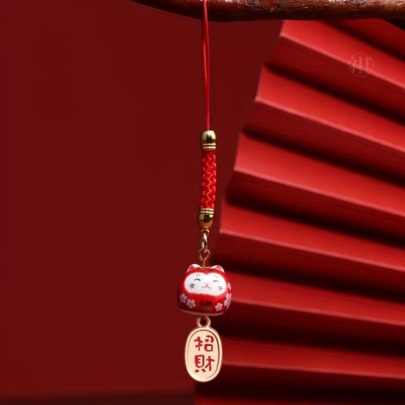 Ceramic Lucky Cat Mobile Pendant Red DIY Phone Chain Bag Accessory