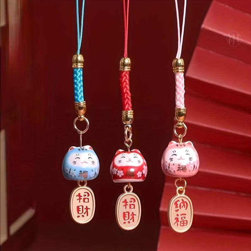 Ceramic Lucky Cat Mobile Pendant Red DIY Phone Chain Bag Accessory