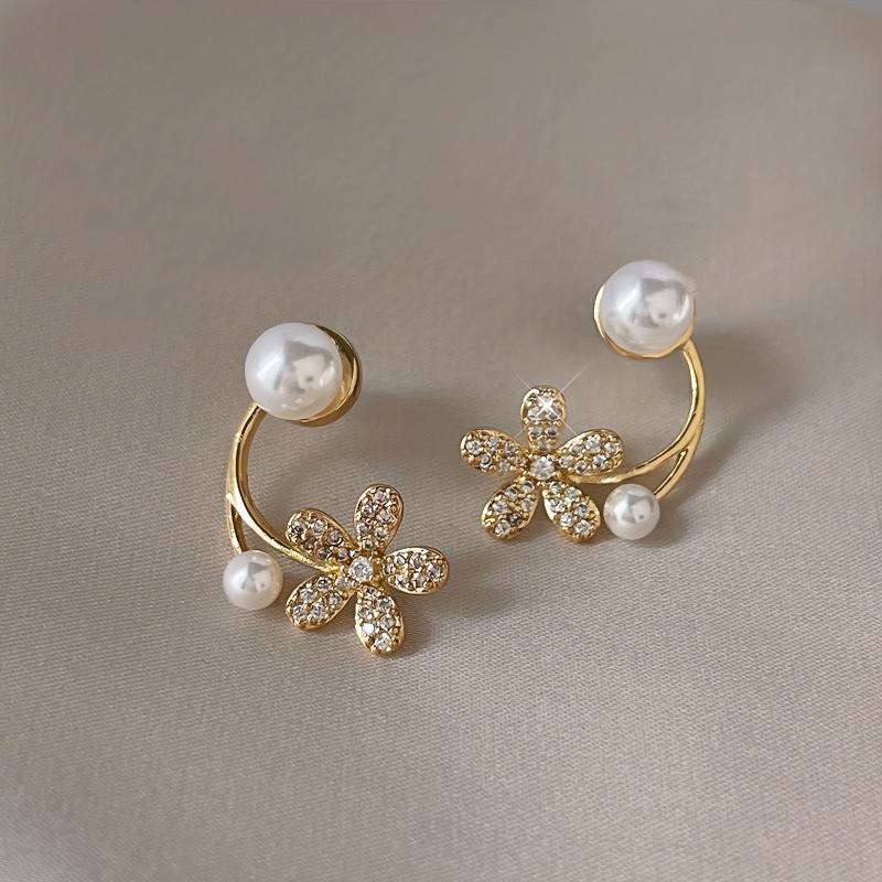 Golden Floral Stud Earrings with Pearl Rhinestones - Gift for Women