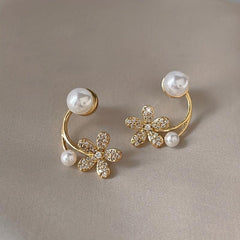 Golden Floral Stud Earrings with Pearl Rhinestones - Gift for Women
