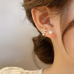 Golden Floral Stud Earrings with Pearl Rhinestones - Gift for Women