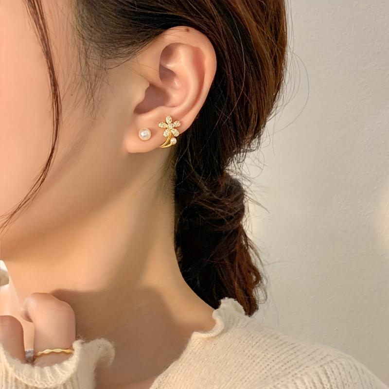Golden Floral Stud Earrings with Pearl Rhinestones - Gift for Women