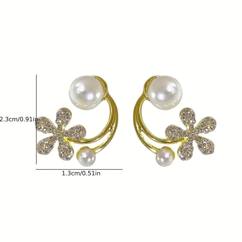 Golden Floral Stud Earrings with Pearl Rhinestones - Gift for Women