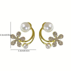 Golden Floral Stud Earrings with Pearl Rhinestones - Gift for Women