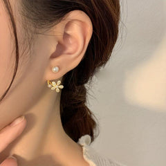 Golden Floral Stud Earrings with Pearl Rhinestones - Gift for Women
