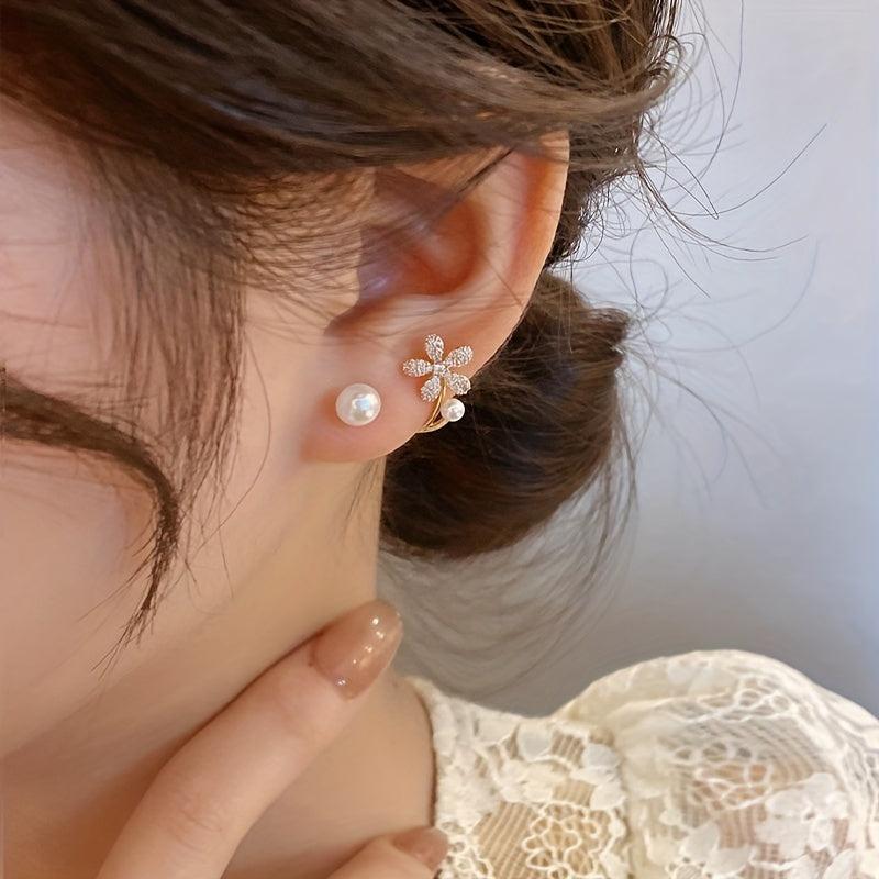 Golden Floral Stud Earrings with Pearl Rhinestones - Gift for Women