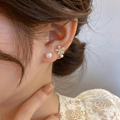 Golden Floral Stud Earrings with Pearl Rhinestones - Gift for Women