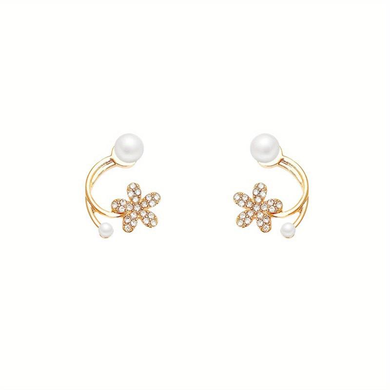 Golden Floral Stud Earrings with Pearl Rhinestones - Gift for Women