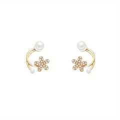 Golden Floral Stud Earrings with Pearl Rhinestones - Gift for Women