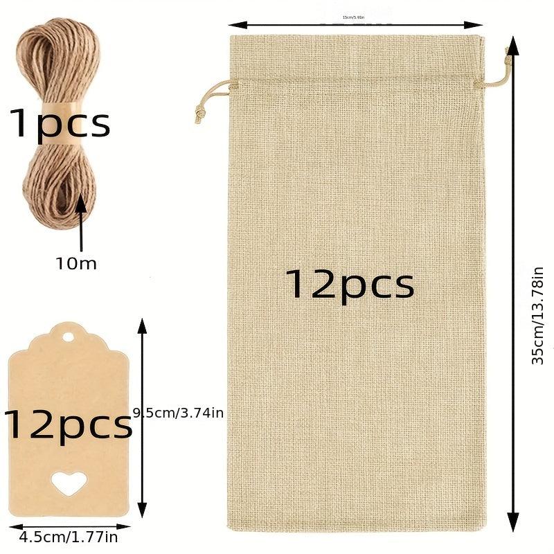 12pcs Linen Cloth Wine Bottle Bag Gift Packaging Bag with Hanging Tag