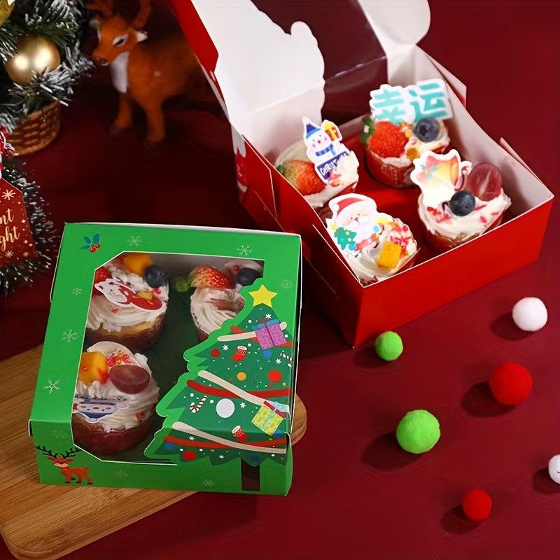 4pcs Christmas Cake Box Transparent Window Cupcake Packaging Box