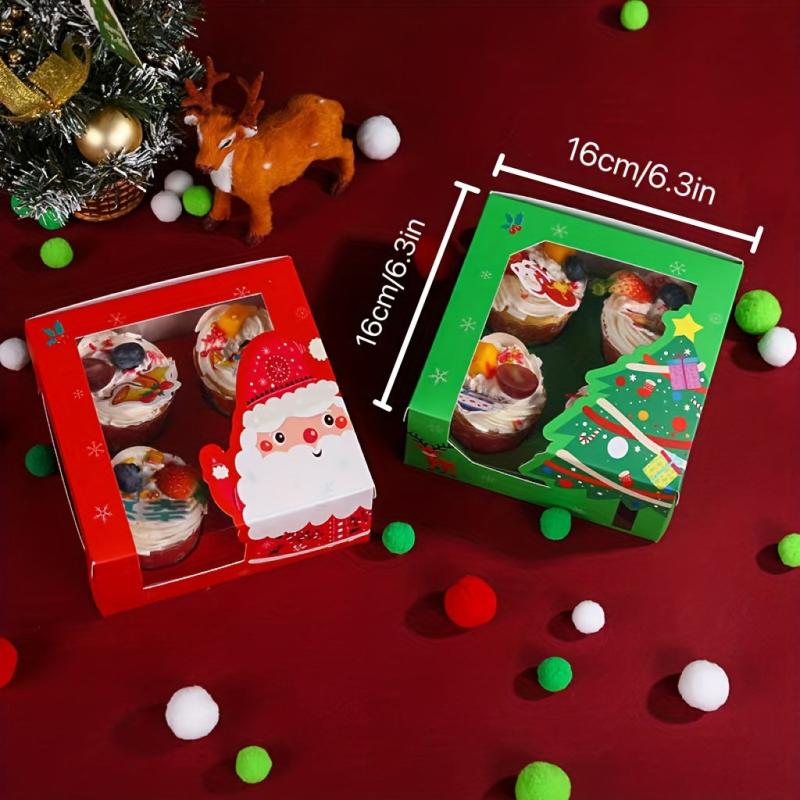 4pcs Christmas Cake Box Transparent Window Cupcake Packaging Box