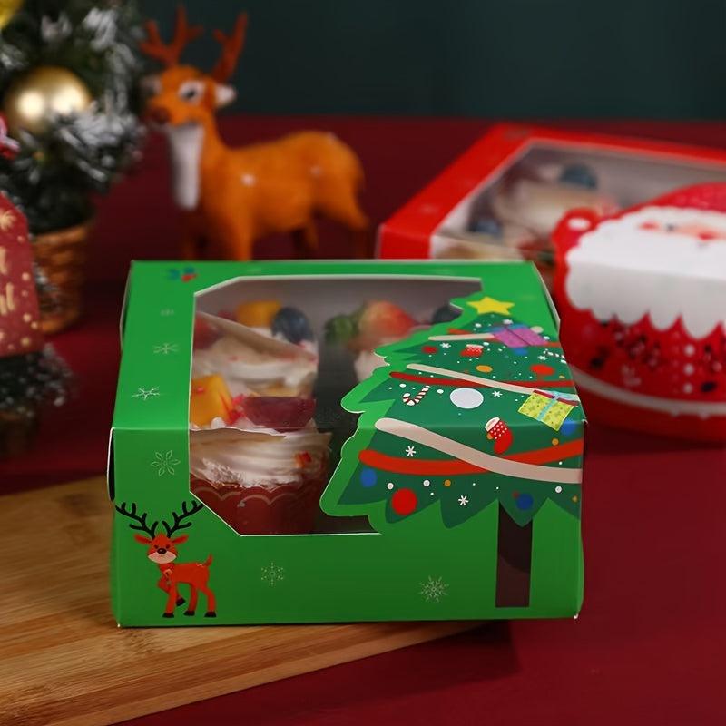 4pcs Christmas Cake Box Transparent Window Cupcake Packaging Box