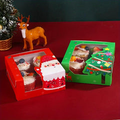 4pcs Christmas Cake Box Transparent Window Cupcake Packaging Box