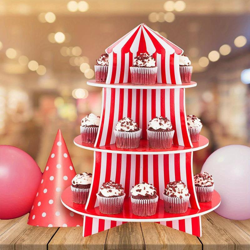 Red Striped Carnival Cupcake Stand 3 Tier Cardboard Cupcake Holder