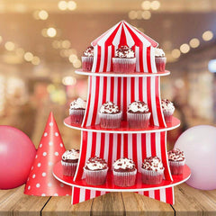 Red Striped Carnival Cupcake Stand 3 Tier Cardboard Cupcake Holder