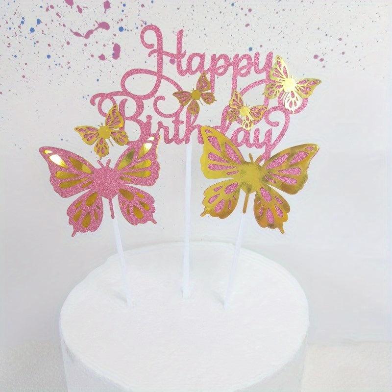 3pcs Sequin Butterfly Happy Birthday Cake Toppers Baby Shower Girl Birthday Part