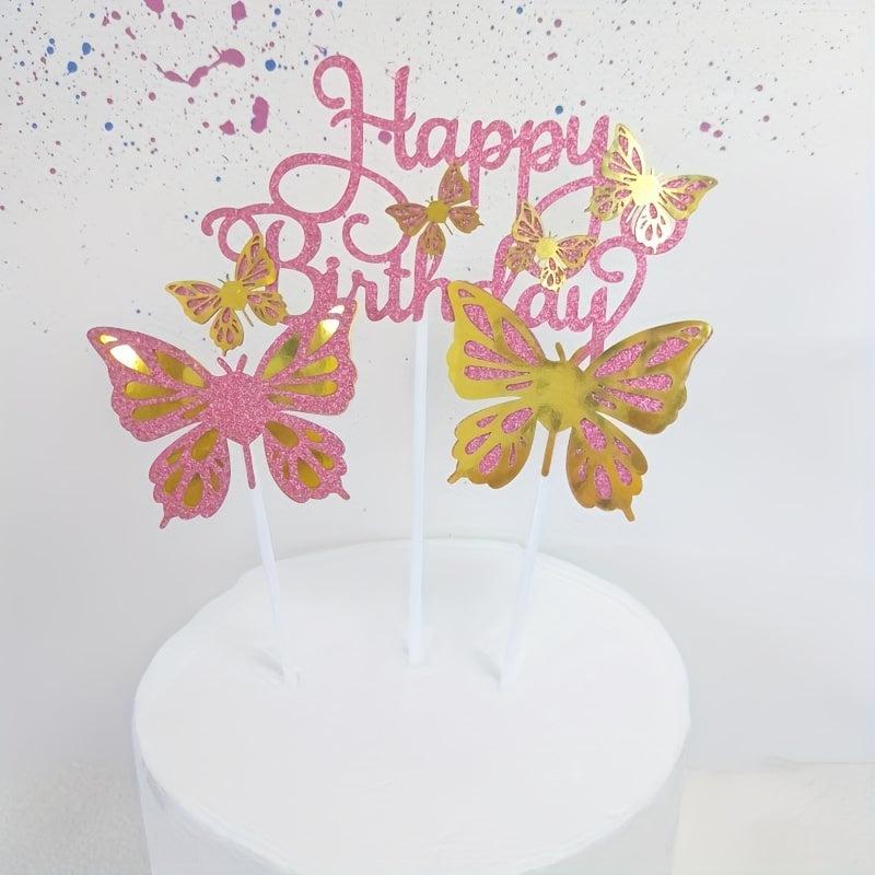 3pcs Sequin Butterfly Happy Birthday Cake Toppers Baby Shower Girl Birthday Part