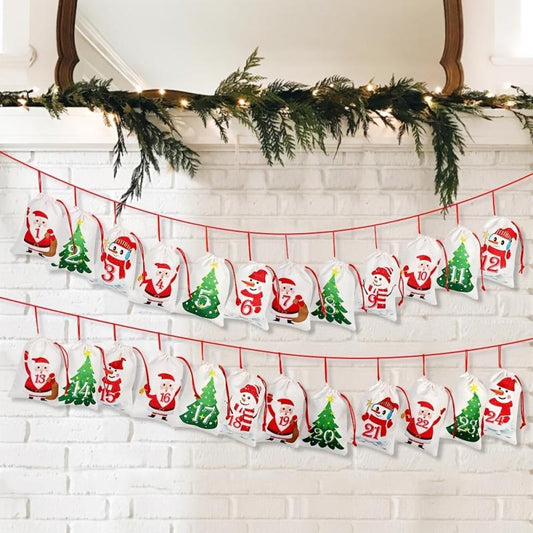 24pcs Christmas Advent Calendar Burlap Hanging Gift Bags